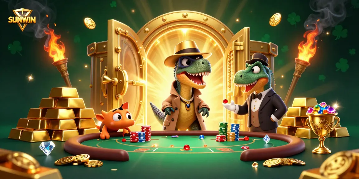 SUNWIN casino scene with a velicoraptor card counter and stegosaurus pit boss at a blackjack table.