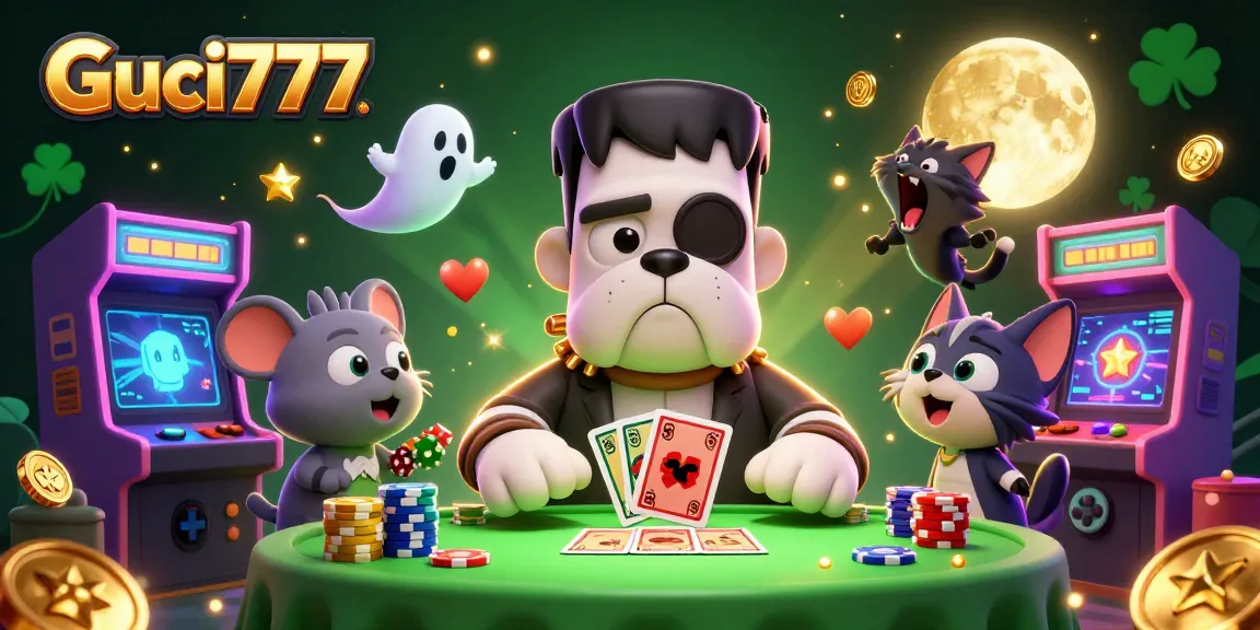 Guci777 menghadirkan keseruan judi dengan gambar monster bulldog dan kucing serigala di meja kasino.