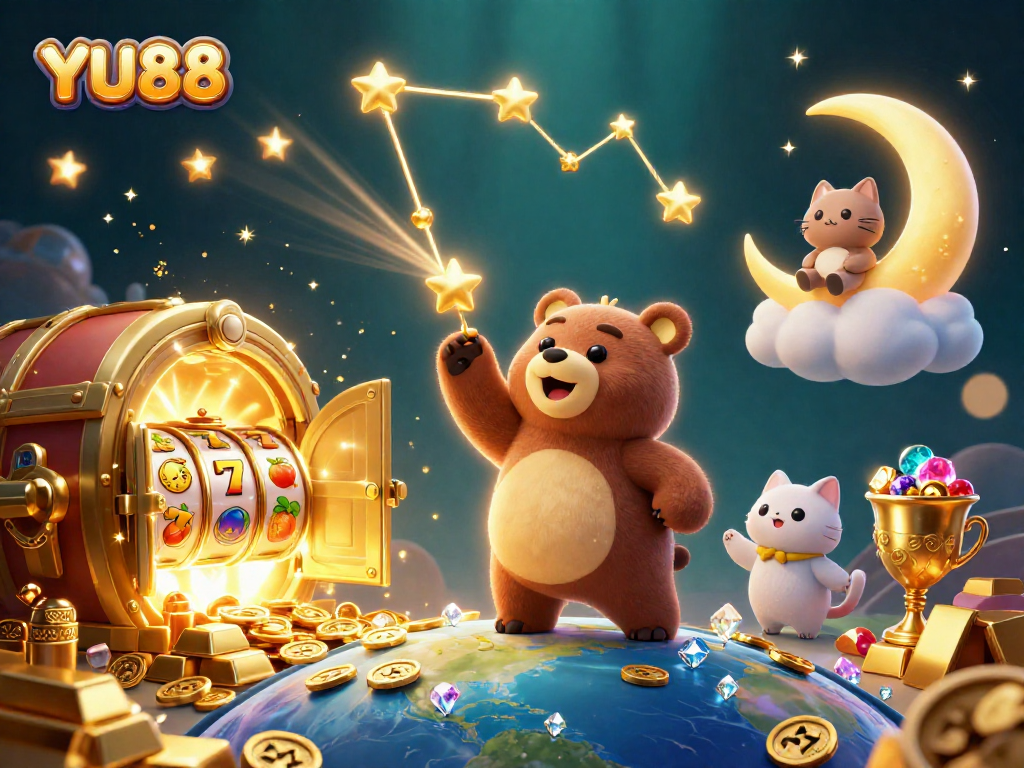 Experience the thrill of YU88 with a magical 3D casino illustration featuring joyful characters and exciting gambling elements.