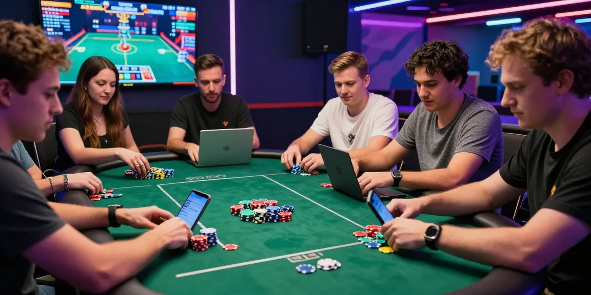 Situs Poker Online Resmi Domino88 players enjoying an intense online poker game amidst vibrant casino lighting and modern technology.