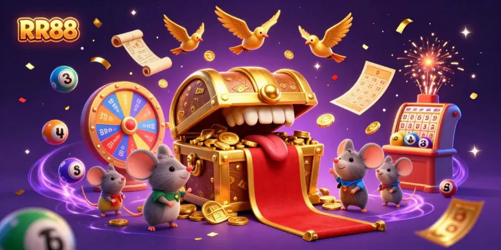 RR88 captivates with a vibrant 3D illustration showcasing a treasure chest, lottery elements, and celebratory confetti.