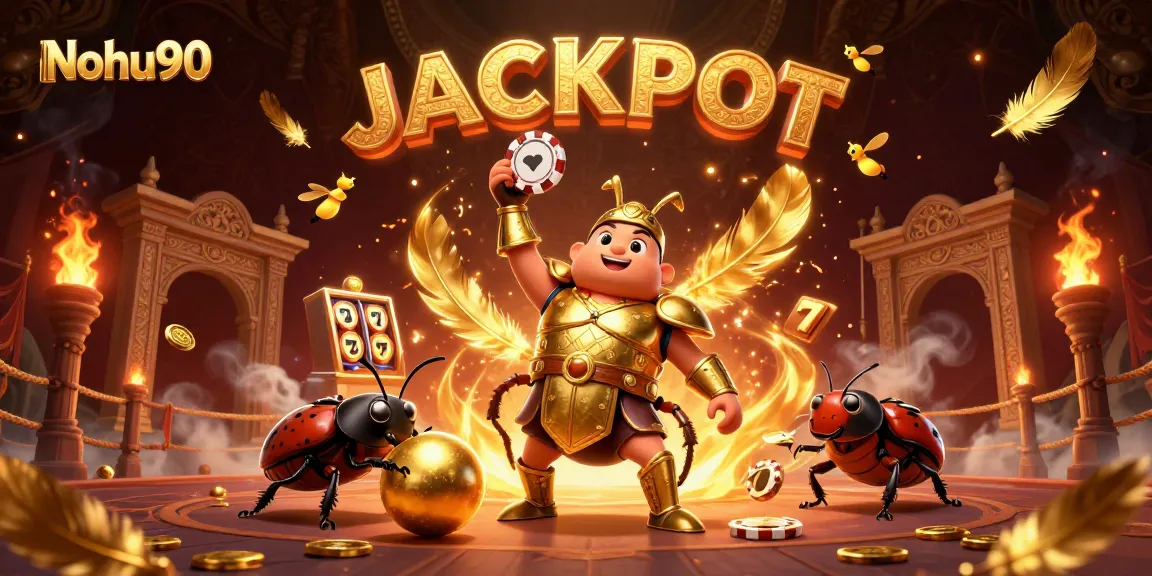 Nohu90 celebrates victory with a beetle champion lifting a poker chip, surrounded by slot machine elements.