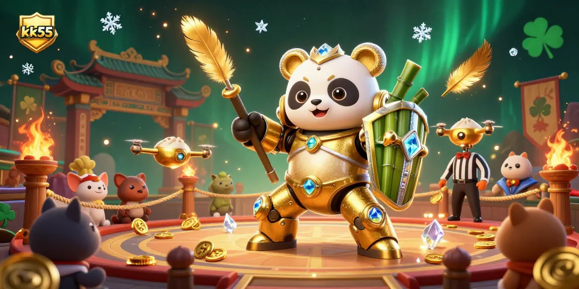 Engage in thrilling gameplay at kk55, where a mech-suit panda battles in a dynamic casino arena filled with coins and spectators.