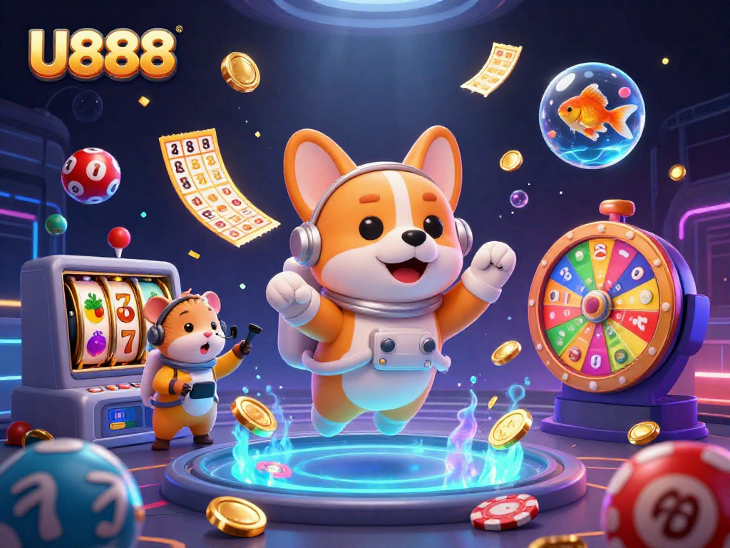 Engage in thrilling games at U888 with a vibrant cosmic casino scene featuring unique characters.