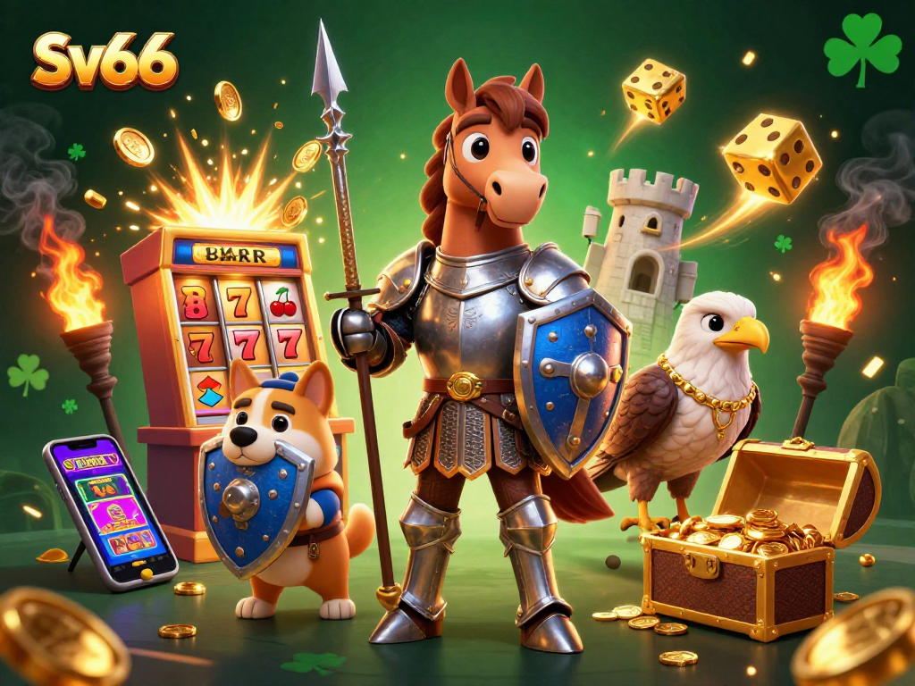 Experience big wins at Sv66 with a knight, squire, and falcon amid vibrant casino action.