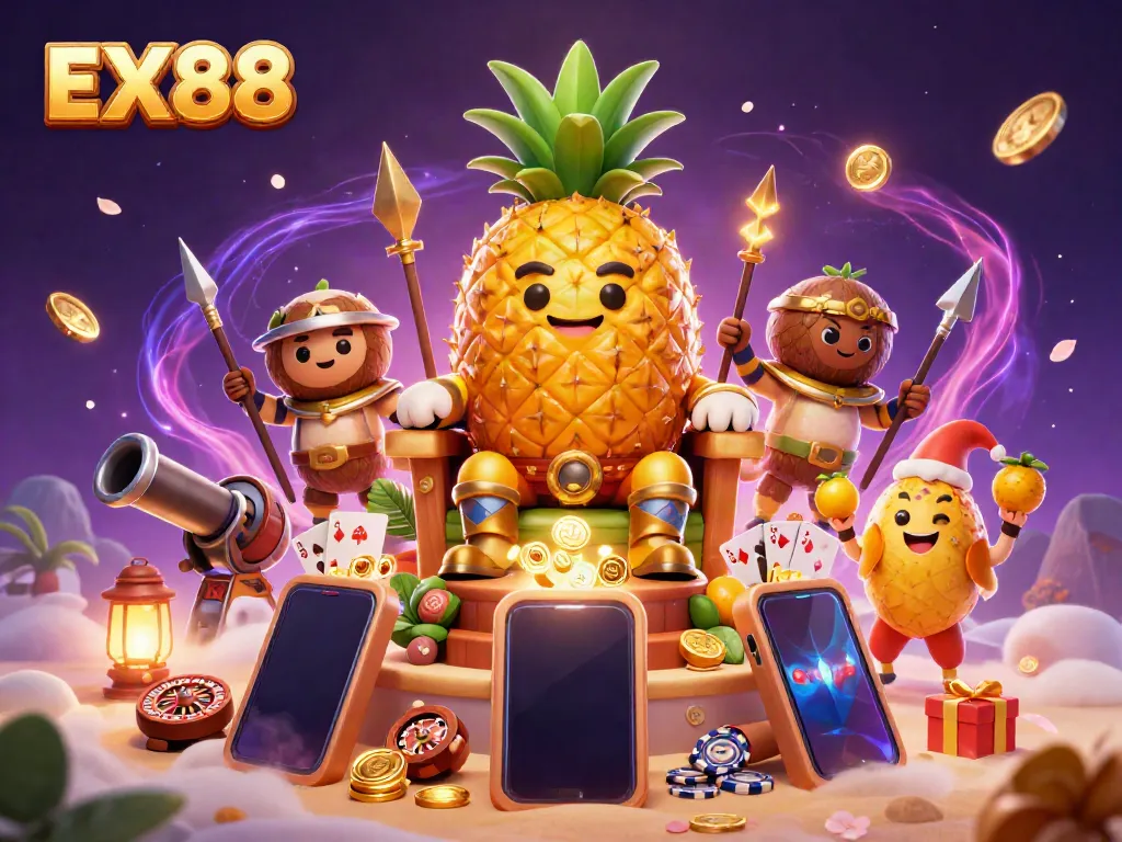 Engage in exciting slots at EX88 with a vibrant 3D casino scene featuring golden coins and playing cards.