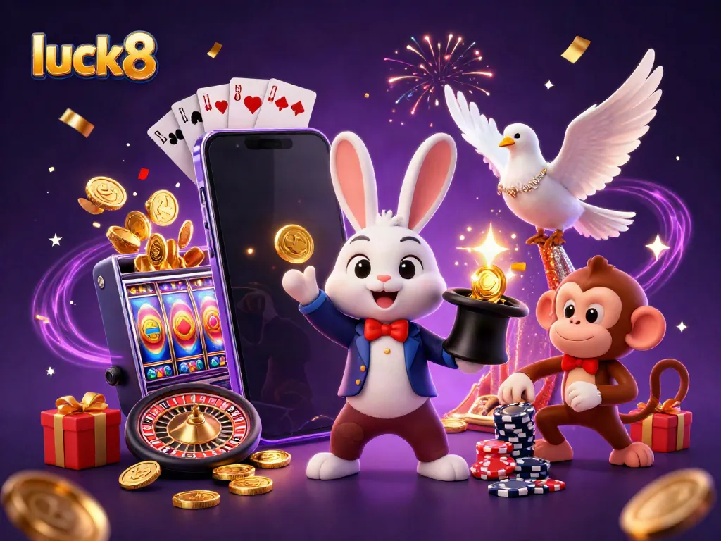 Experience exciting casino action with luck8 as a magician pulls golden coins and poker chips in a vibrant scene.