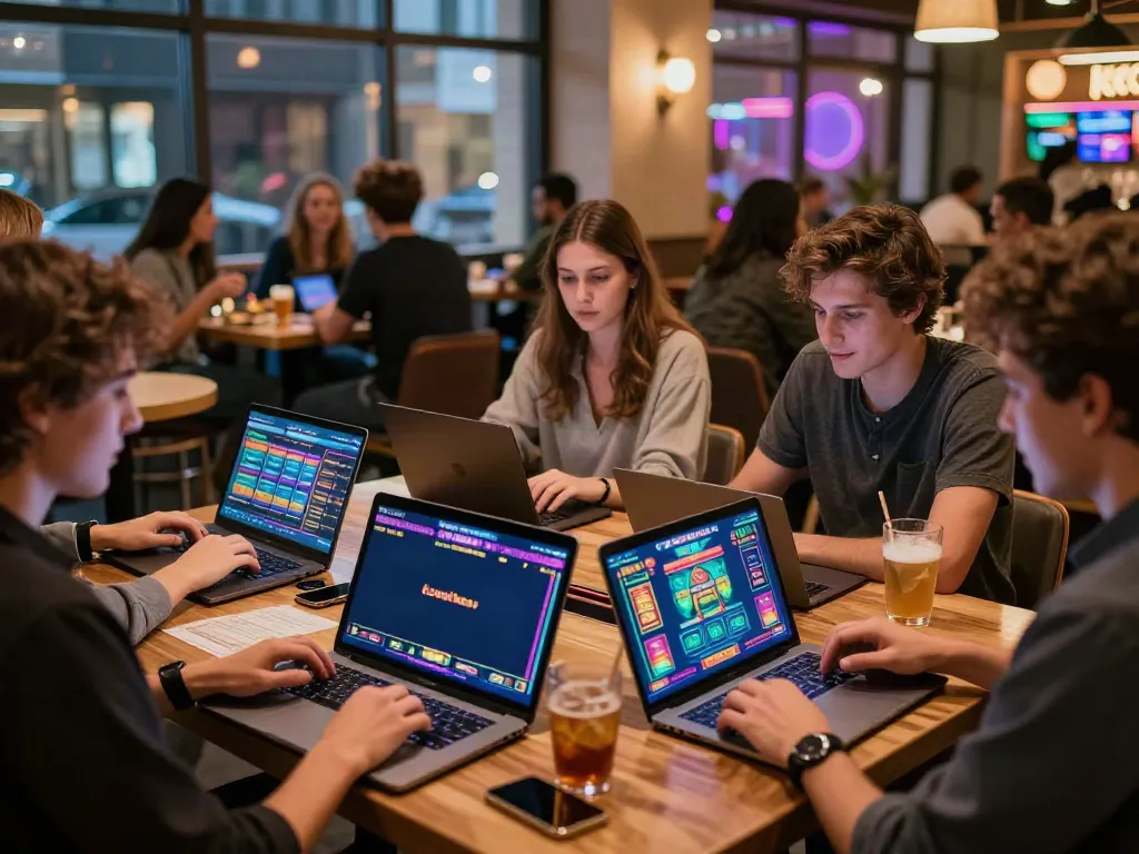 Engaged players enjoying games at non GamStop casinos in a lively café setting.