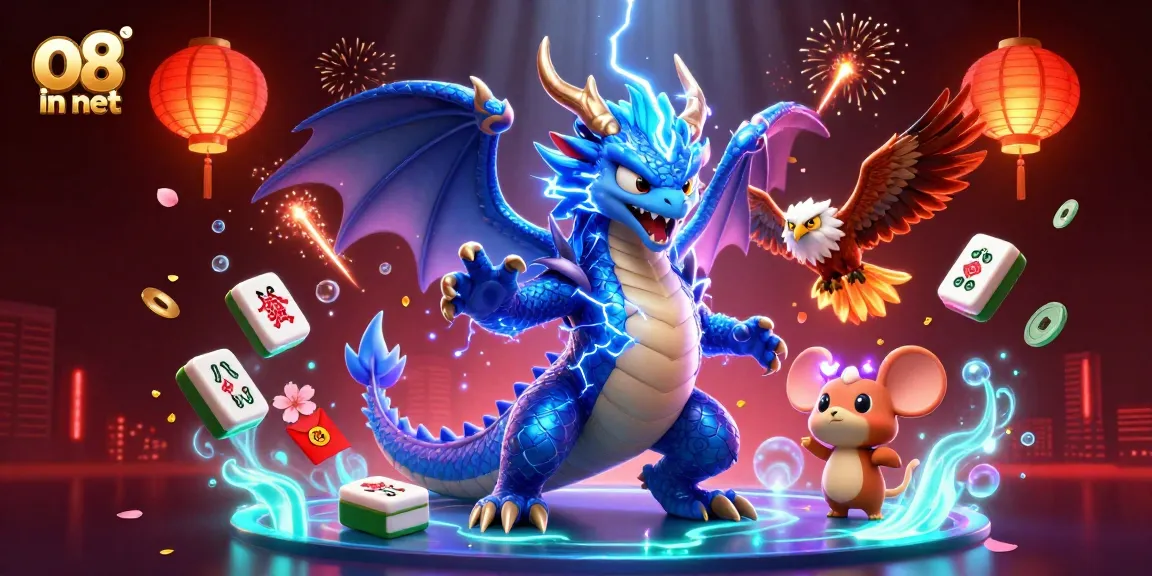 Engage with dynamic games at o8 in net, featuring a 3D thunder dragon and vibrant casino elements.
