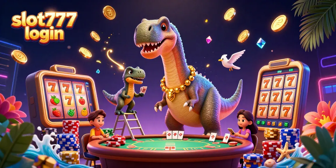 Experience excitement with slot777 login, showcasing a dinosaur in a casino setting surrounded by vibrant slot game elements.