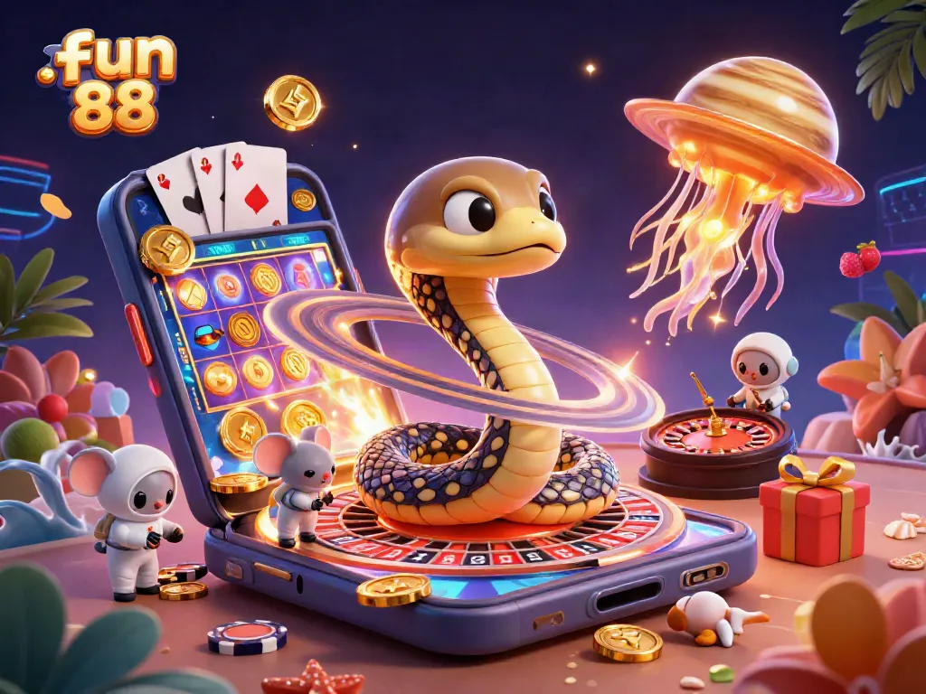 Experience fun 88 with a vibrant cosmic casino scene featuring astronauts and a golden jellyfish dealer.