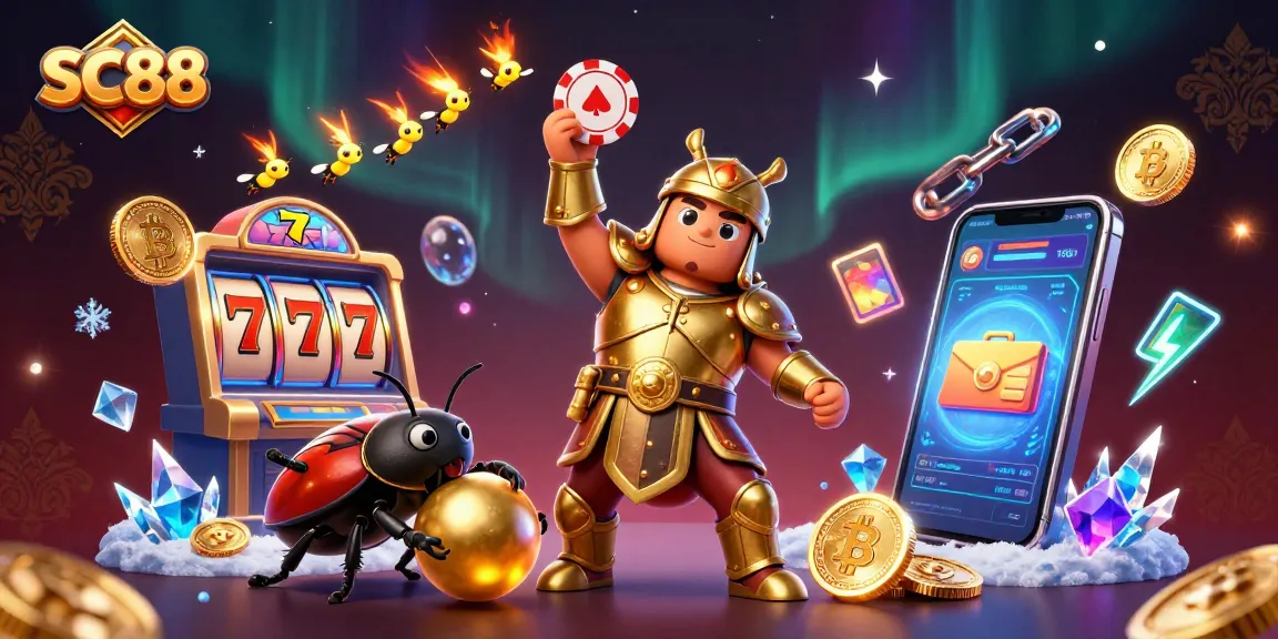 Engage in thrilling action at SC88 with the triumphant hercules beetle celebrating a jackpot amidst vibrant gambling elements.
