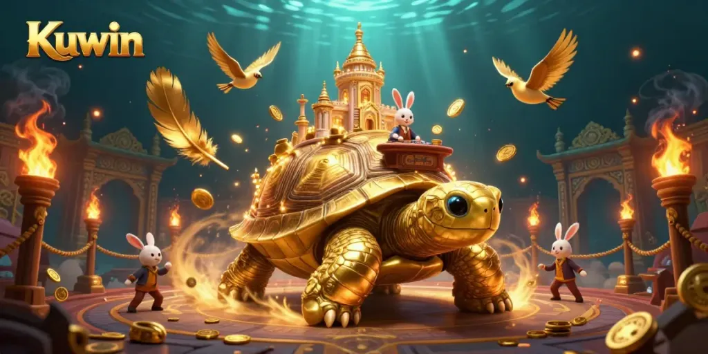 Kuwin showcases an enchanting casino scene with a golden tortoise, a rabbit dealer, and flying coins.
