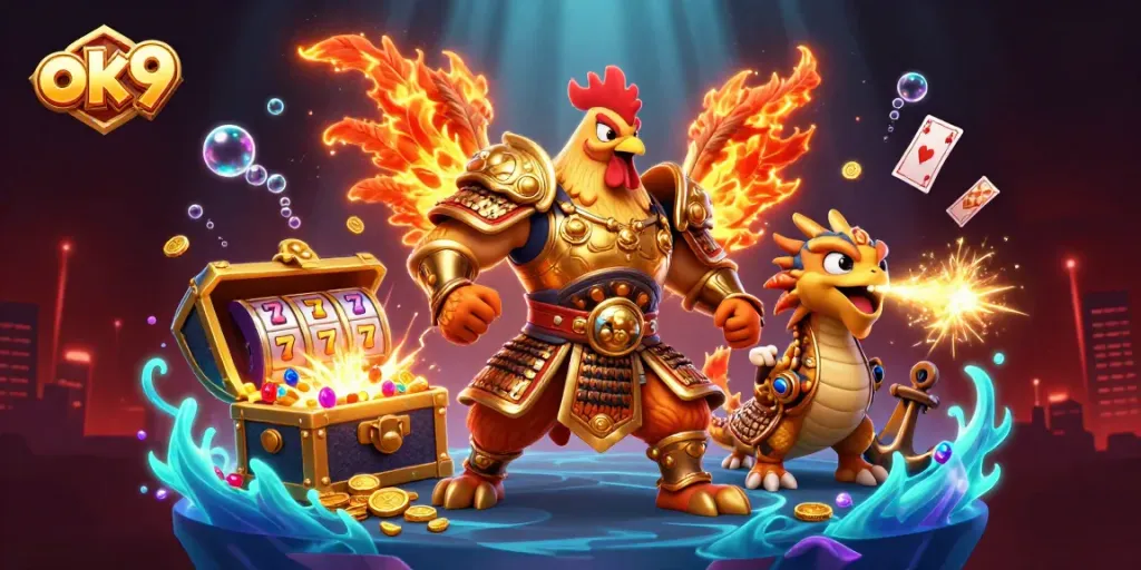 Experience thrilling gameplay with ok9 as cartoon warriors battle in a vibrant casino scene.