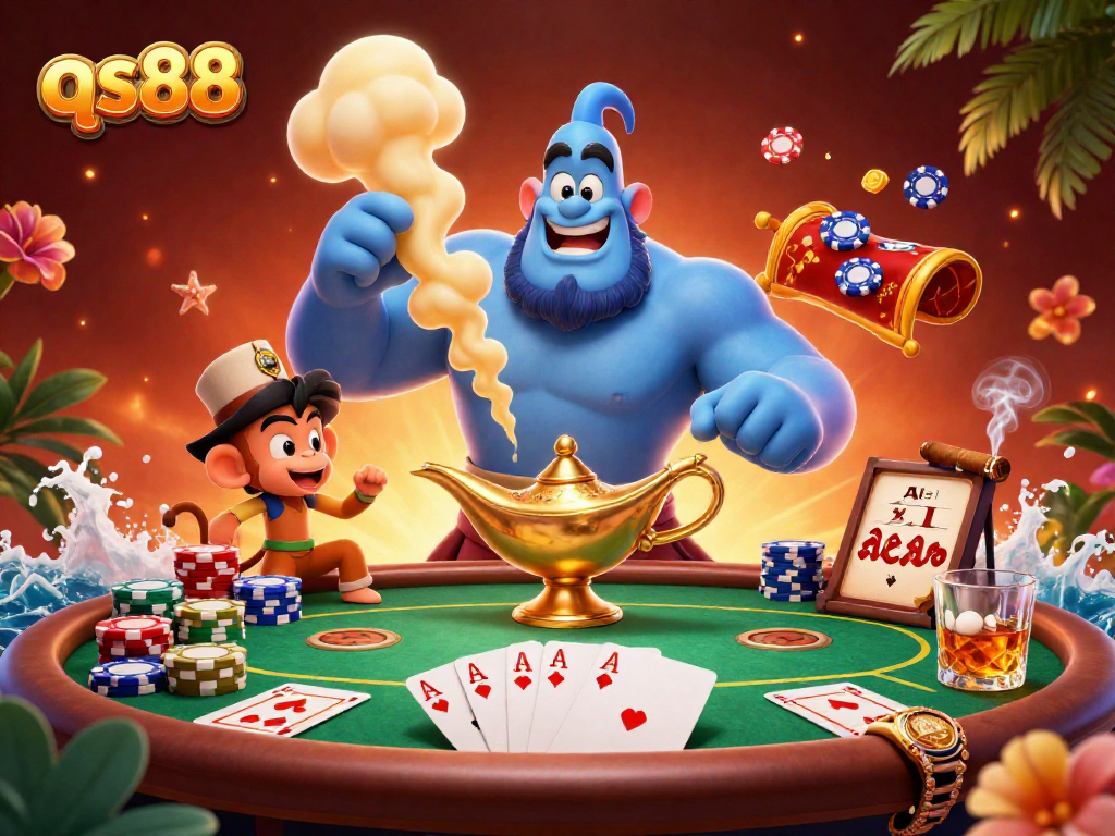 Experience excitement with qs88's vibrant casino scene featuring enchanting characters and dynamic poker action.