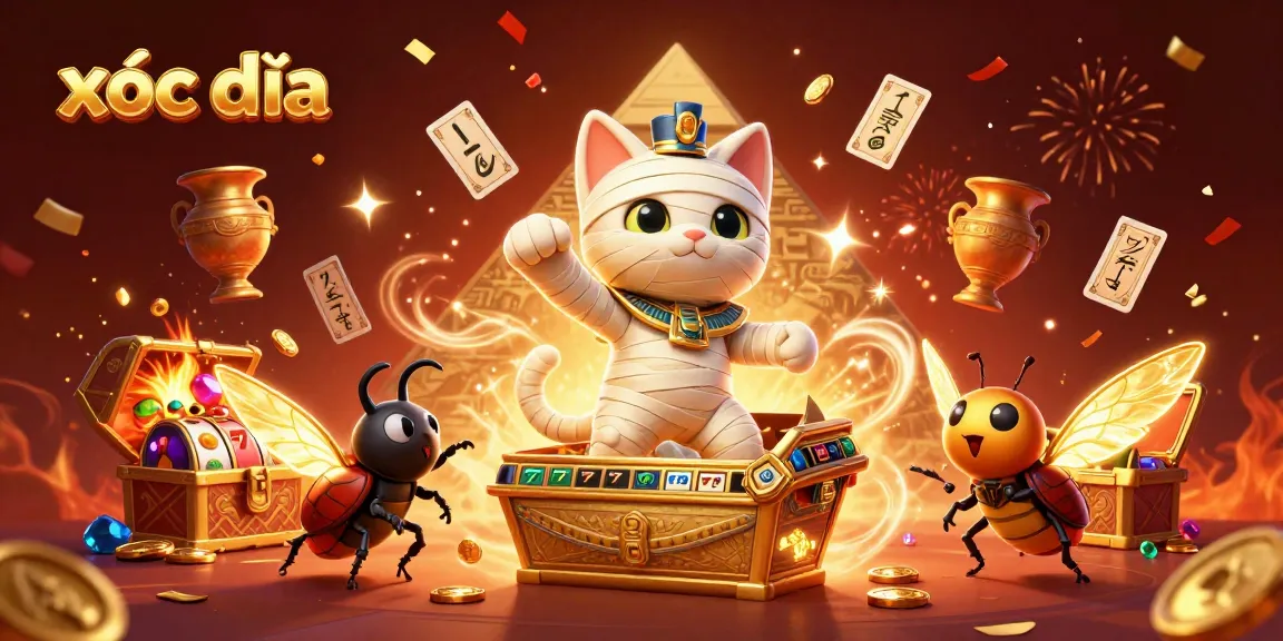 Catestrike the ancient strategies with xóc đĩa in a vibrant casino scene featuring a mummy and glowing treasures