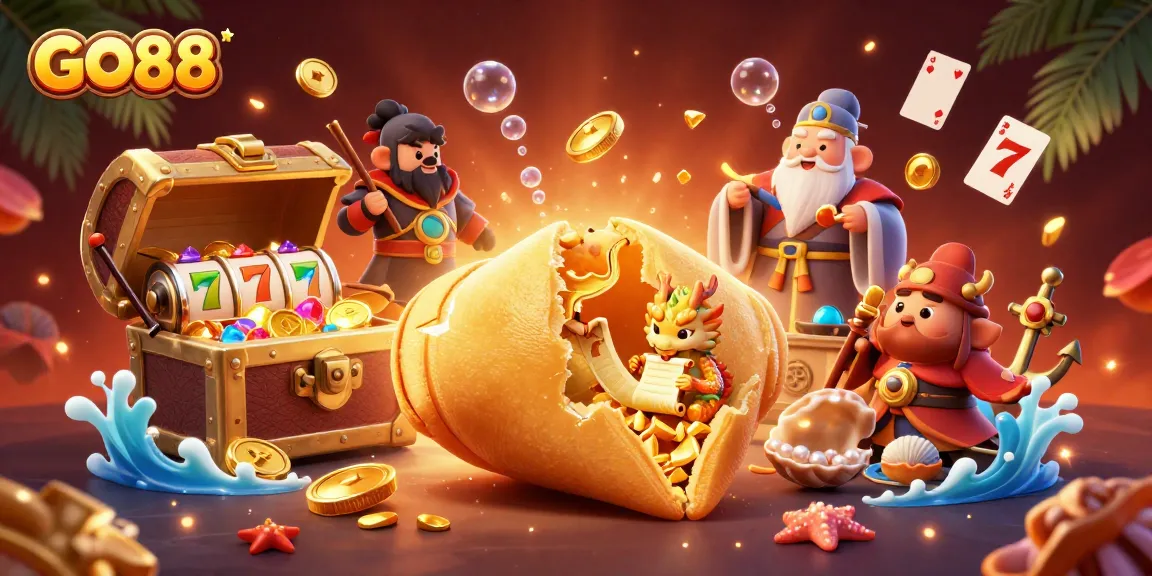 Experience the excitement of GO88 with a vibrant 3D illustration showcasing game elements and whimsical characters.