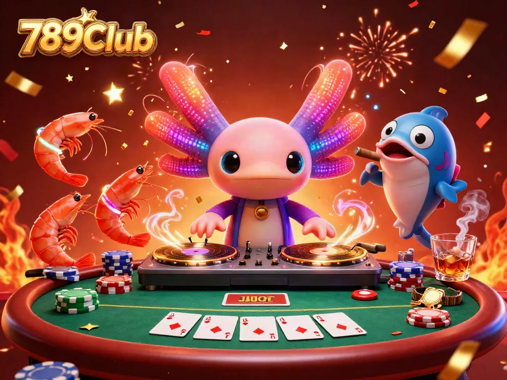 Immerse in the vibrant atmosphere of 789Club as a neon axolotl DJ spins records amidst colorful poker elements.