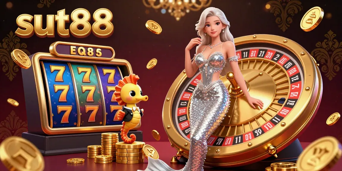 Sut88 captivates players with a glamorous roulette scene featuring vibrant slot reels and sparkling treasures.