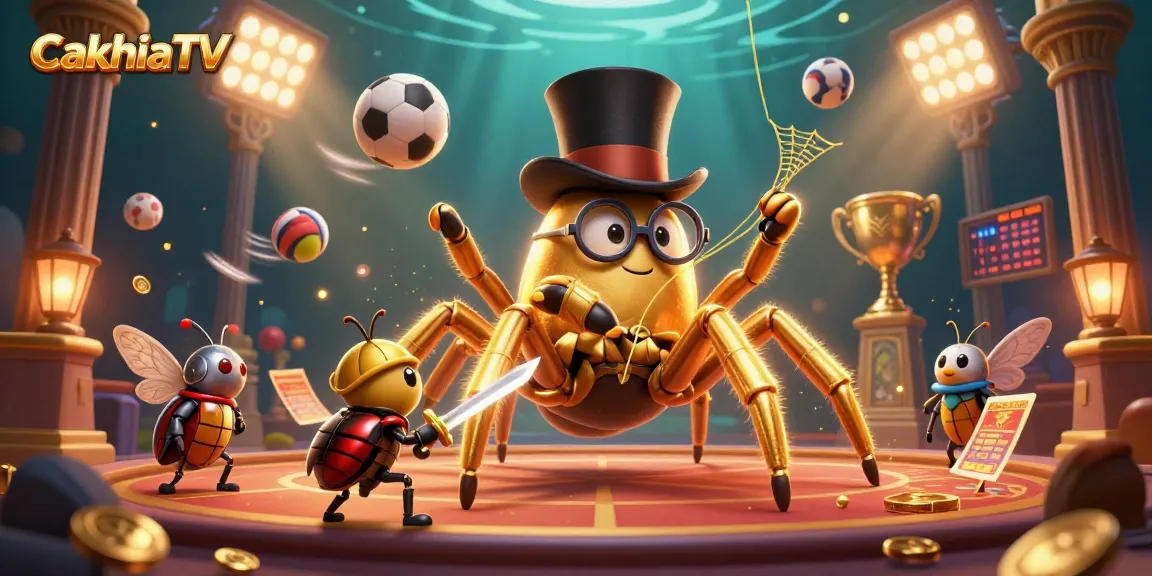CakhiaTV ignites excitement with a bold golden tarantula and sports-themed betting scene in vibrant detail.