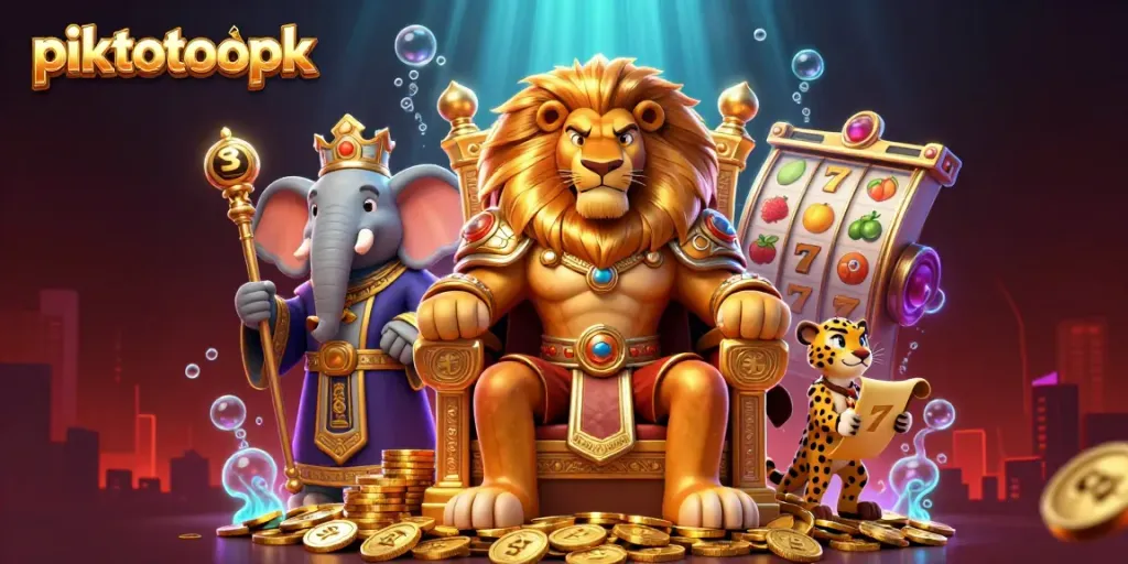 Engage with piktotoapk: dynamic slot gaming scene with lion king and vibrant elements.