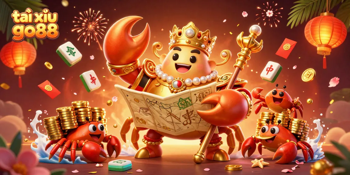 Experience the excitement of tài xỉu go88 with a vibrant golden crab emperor and treasure-filled scene.