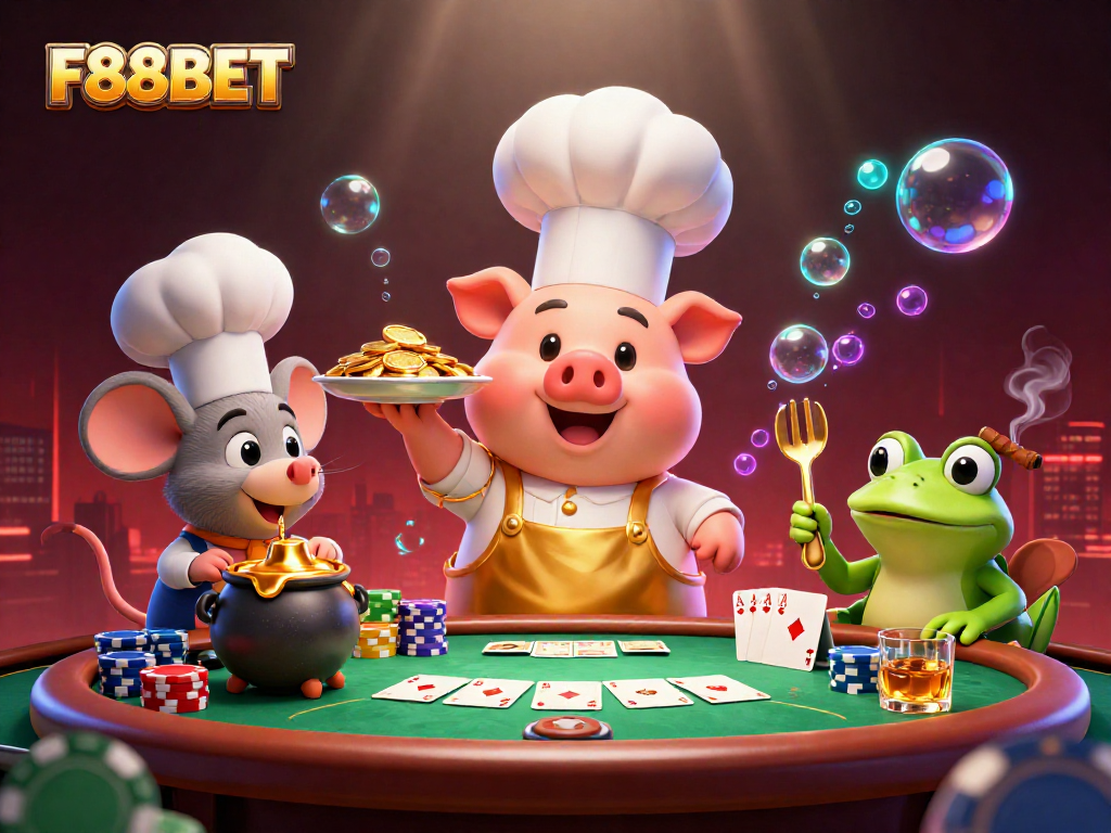 Experience thrilling games at F88BET with an enticing scene featuring a gourmet gold coin platter and vibrant poker action.