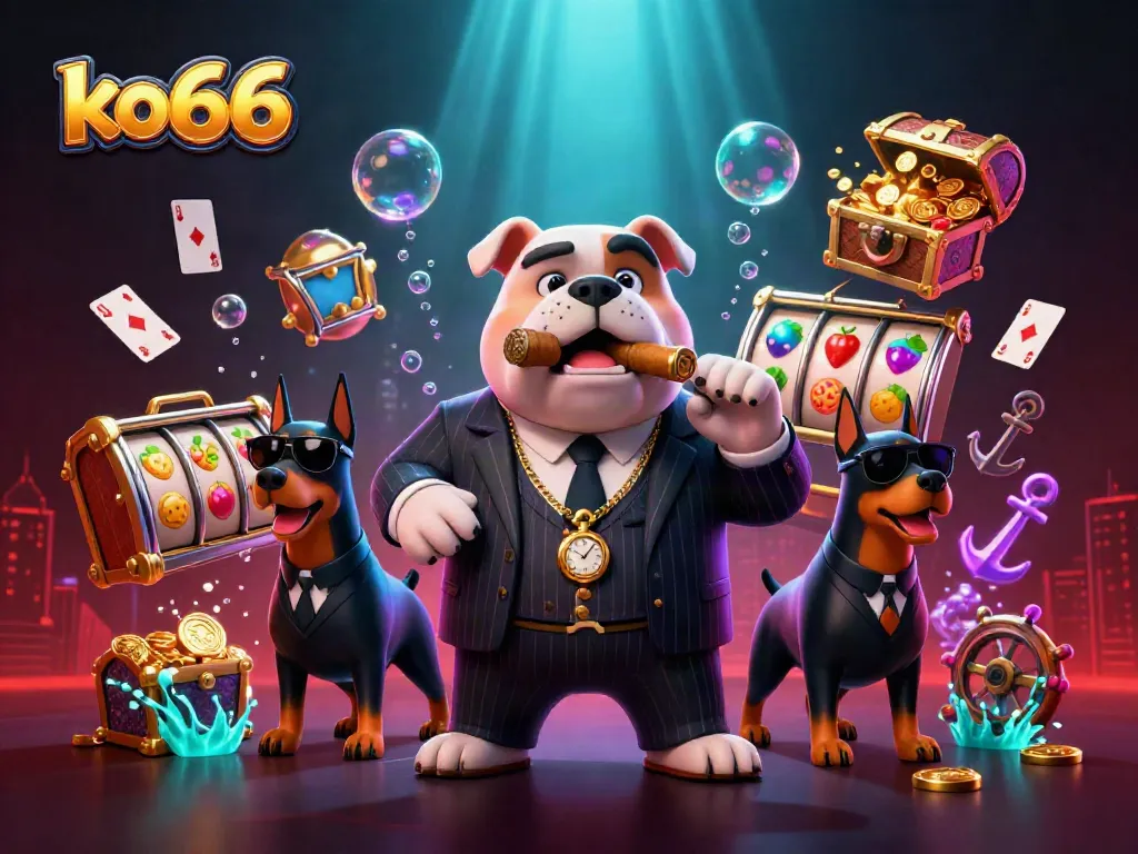Engage with ko66's dynamic casino scene featuring a mafia bulldog and Dobermans amidst slot reels and gold.