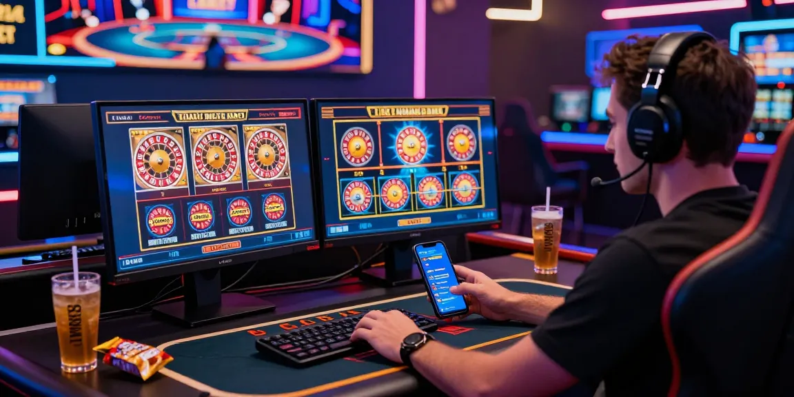 Exciting online gaming experience at ok 8386 casino with vibrant atmosphere and multiple screens.