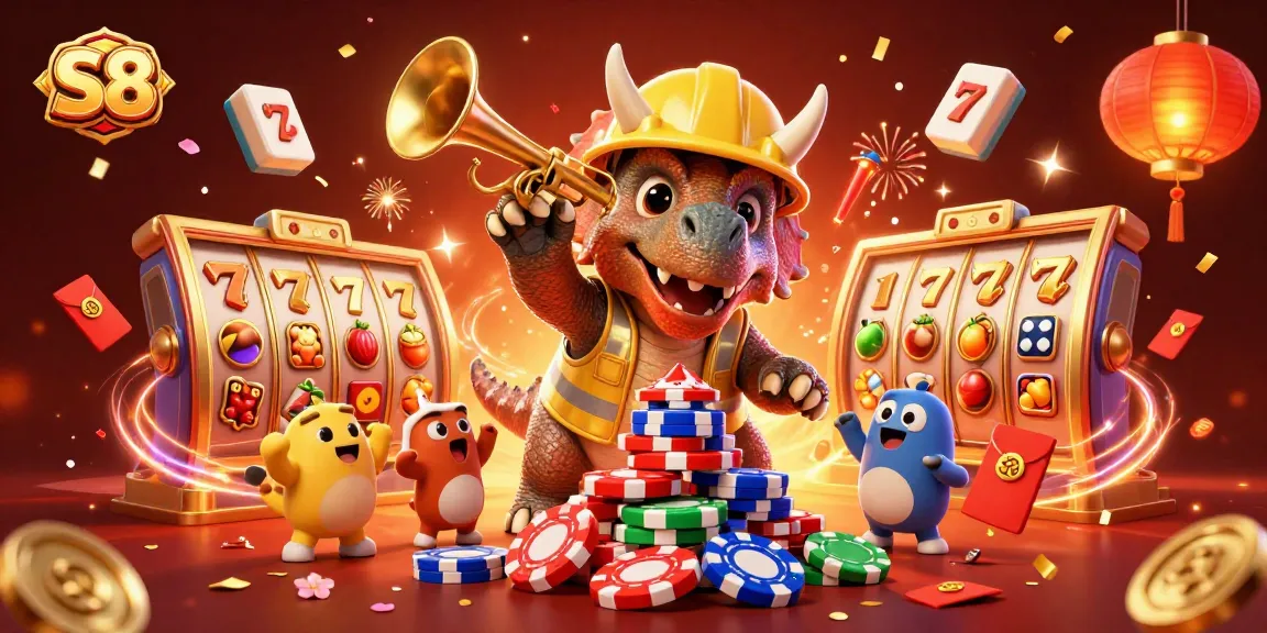 Engage with S8's thrilling slot experience showcasing a triceratops building a poker chip pyramid.