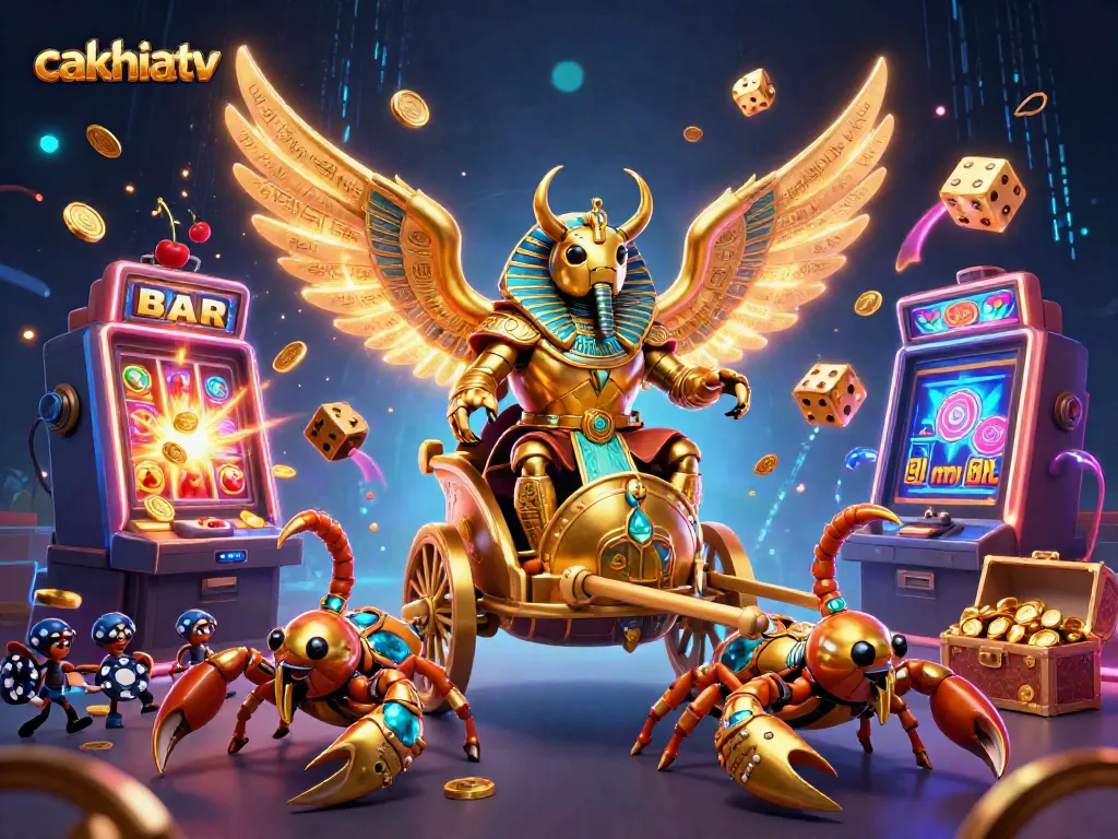 Cakhiatv offers thrilling gaming action with a golden scarab beetle at the center of a dynamic casino scene.