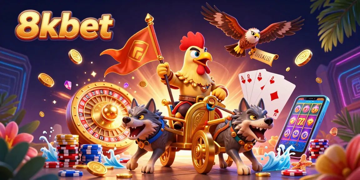Engage in striking gameplay with 8xbet, where a rooster warlord commands a golden chariot amid cascading coins.