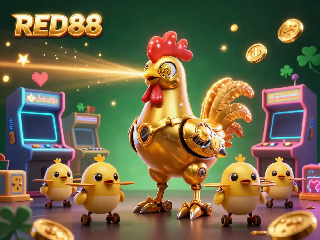 Experience the vibrant casino gaming scene at RED88 with a golden rooster robot and baby chick drones.