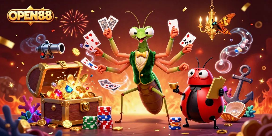 Experience the dynamic world of OPEN88 with a giant praying mantis card sharp and vibrant casino elements.