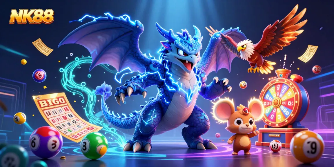 Experience thrilling gameplay with NK88's vibrant casino-themed artwork featuring dynamic lottery games and engaging characters.