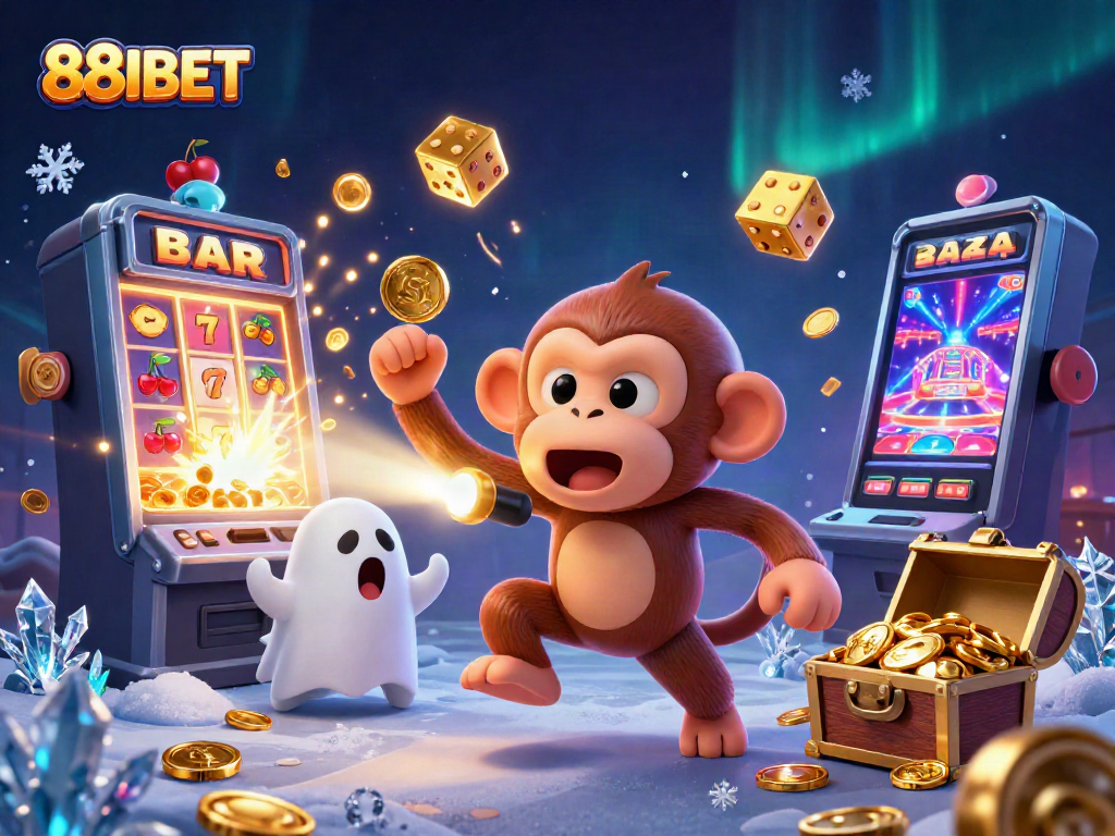 88IBET showcases thrilling wins as a mischievous poltergeist monkey juggles coins in a lively casino scene.