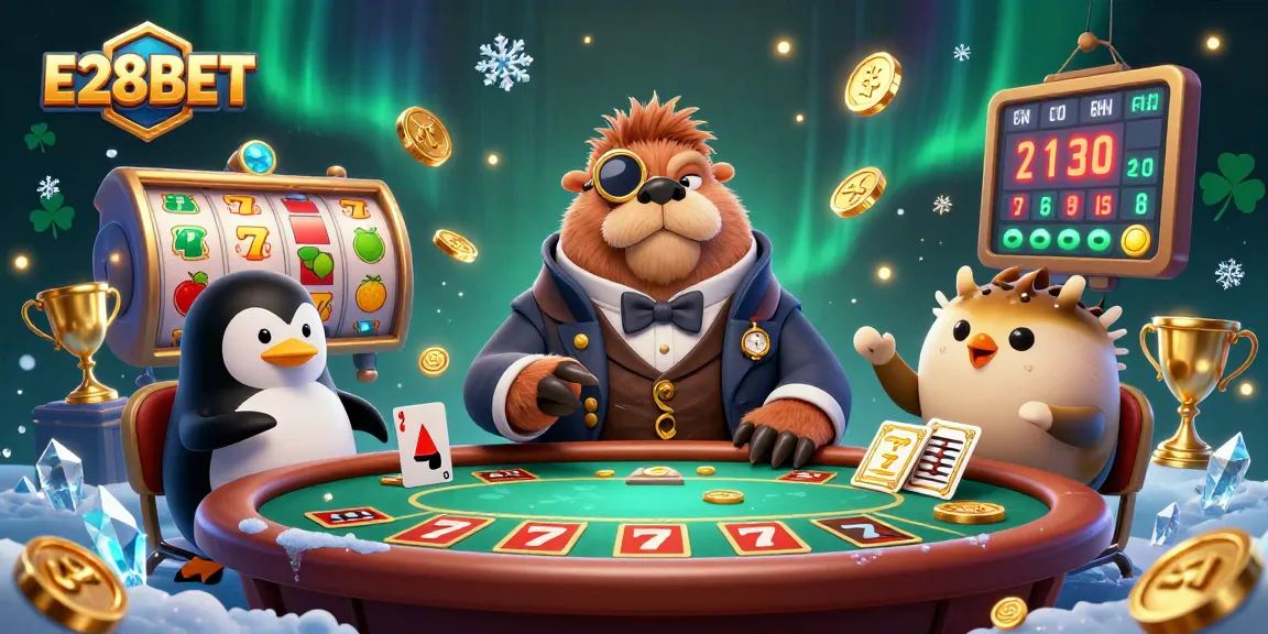 E28BET offers thrilling slots gameplay, featuring a walrus at a poker table with a penguin dealer and a bluffing pufferfish.