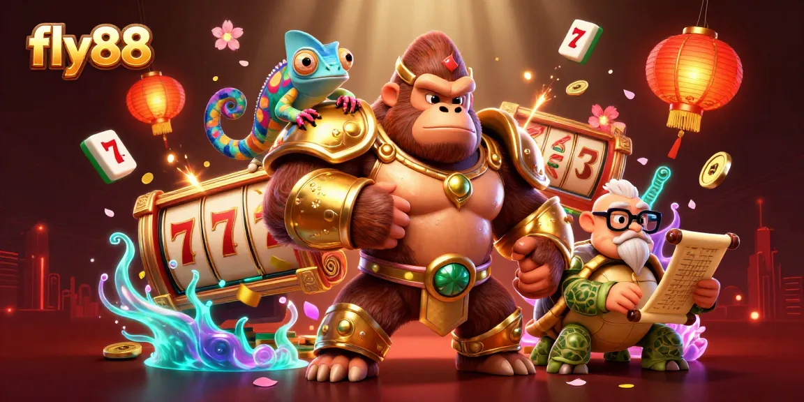 Engage in exciting gameplay with fly88, featuring a gorilla king, a chameleon, and vibrant casino elements.