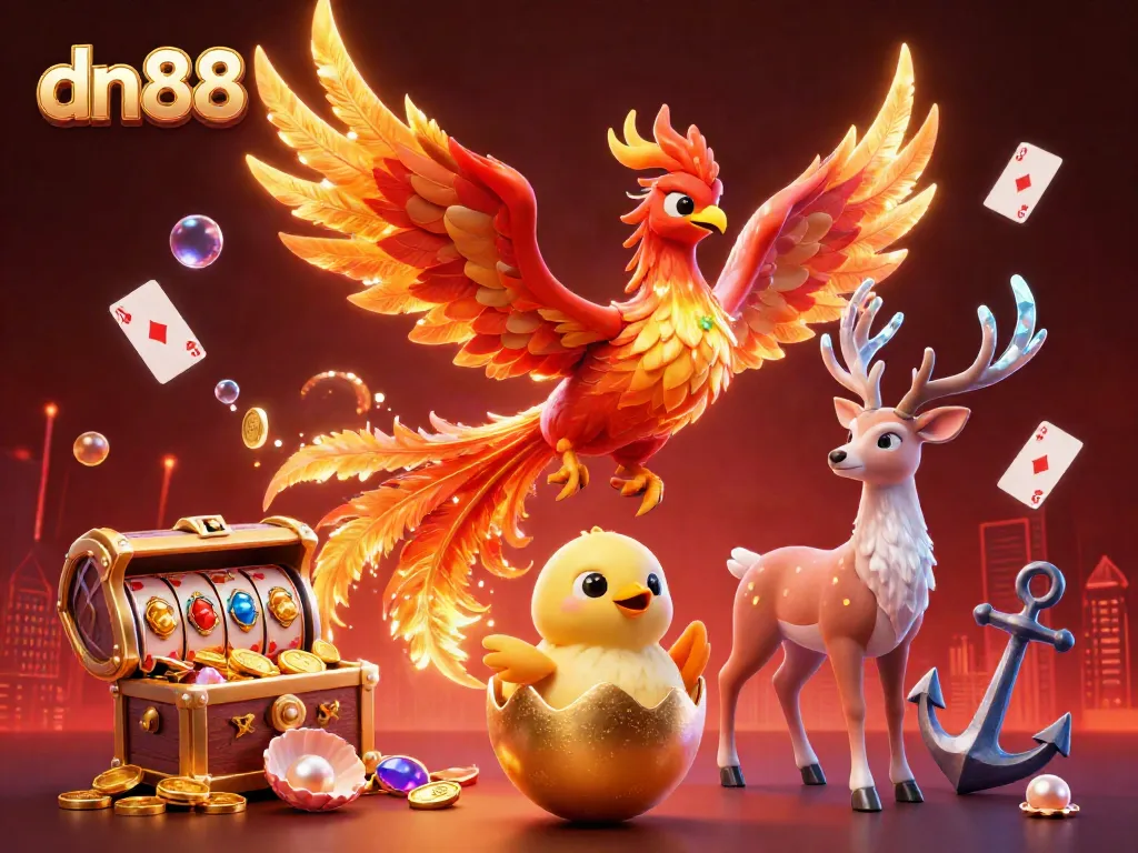 Experience the excitement of dn88 with a vibrant 3D casino scene featuring a phoenix and lotto elements.