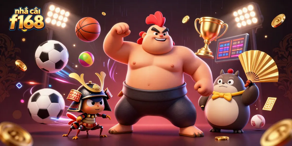 Experience thrilling action at nhà cái f168 with sumo wrestler rooster, fighting cricket, and tanuki announcer in a vibrant casino scene.