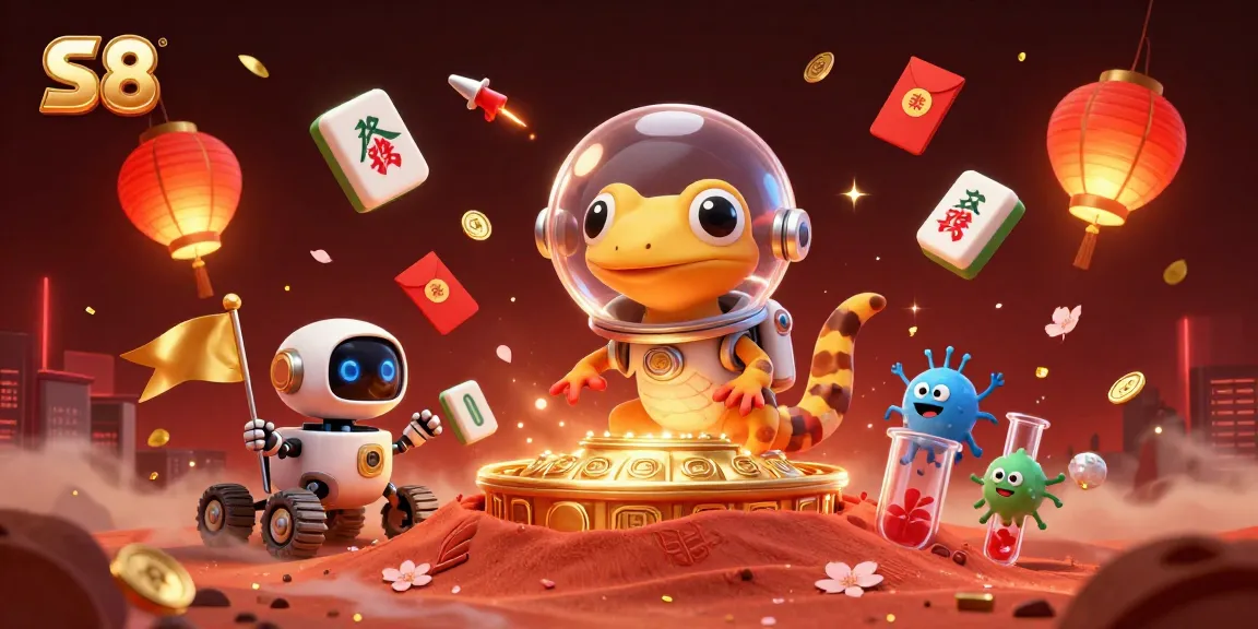 Experience the thrill of S8 with an exciting cartoon scene featuring a Martian gecko and a golden casino in outer space.