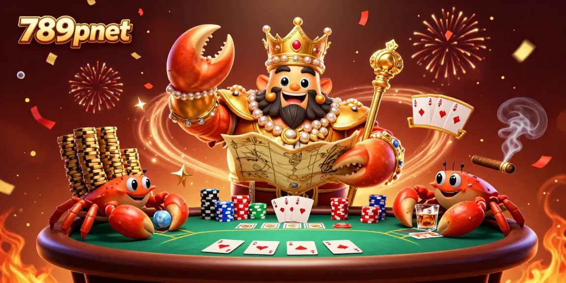 Engage in exciting winning strategies at 789pnet with a vibrant casino scene featuring a golden crab emperor and dynamic poker elements.