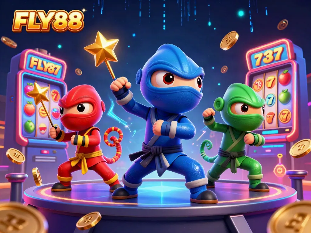 Experience thrilling casino action with FLY88's dynamic cartoon ninja chameleons amidst vibrant slot games.