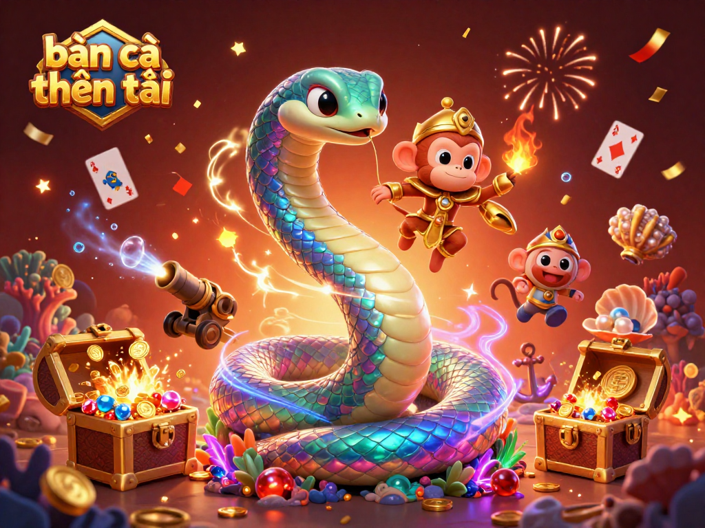 Bắn cá thần tài game scene featuring a rainbow serpent and a monkey king in a vibrant underwater treasure setting.