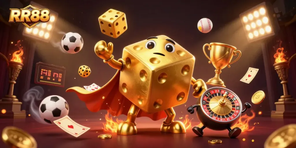 Win big at RR88 with a lively scene featuring golden dice and dynamic sports elements.