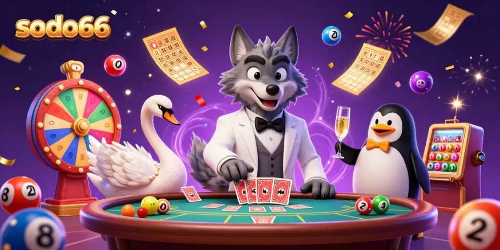 Engage with the vibrant sodo66 casino experience featuring baccarat, colorful lottery balls, and festive energy.