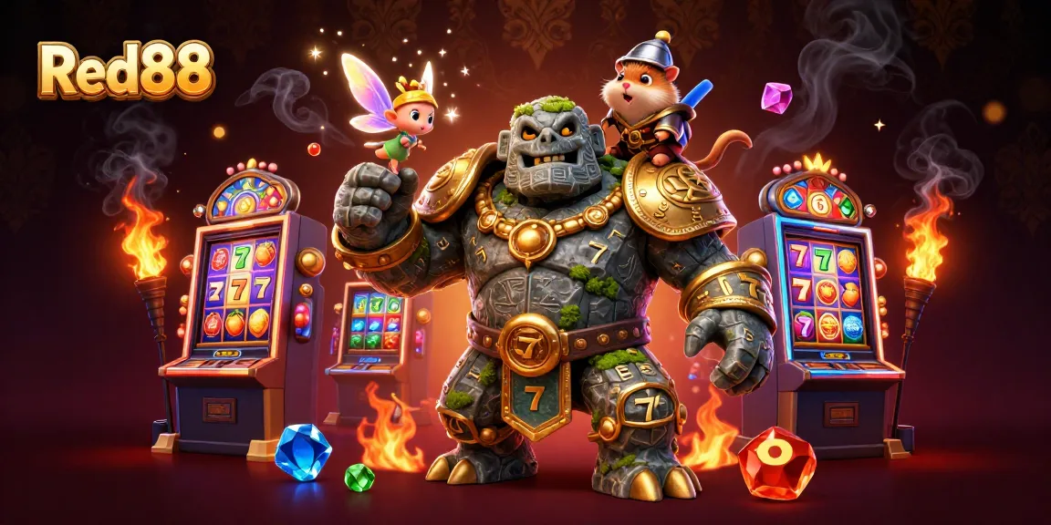 Engage with Red88's vibrant 3D casino experience featuring magical characters and dynamic slot machines.