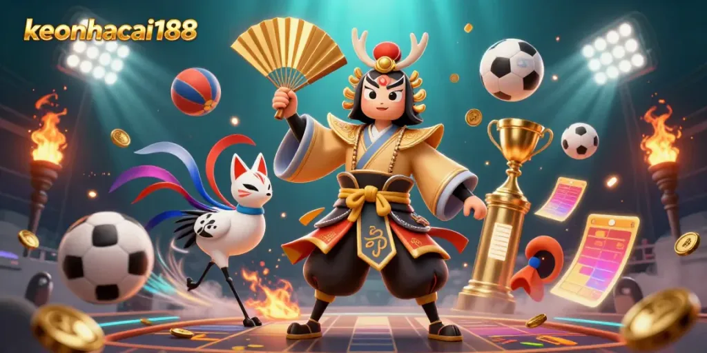 Experience thrilling sports betting action with keonhacai188 in a vibrant 3D illustration featuring dynamic characters and elements.
