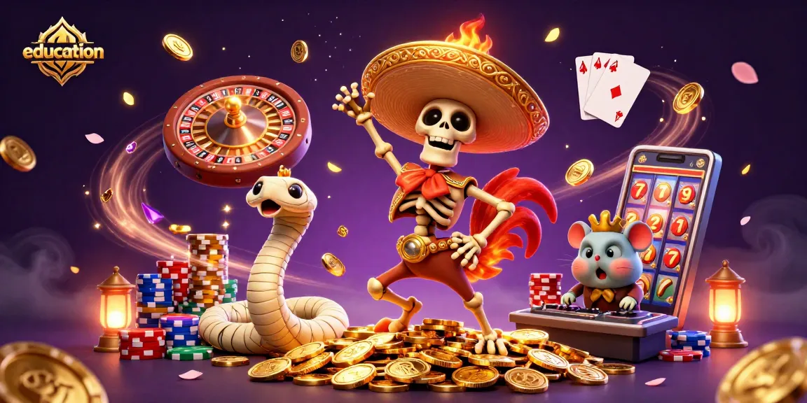 Education-focused action in a vibrant casino scene featuring a skeleton mariachi rooster, golden coins, and a zombie DJ.
