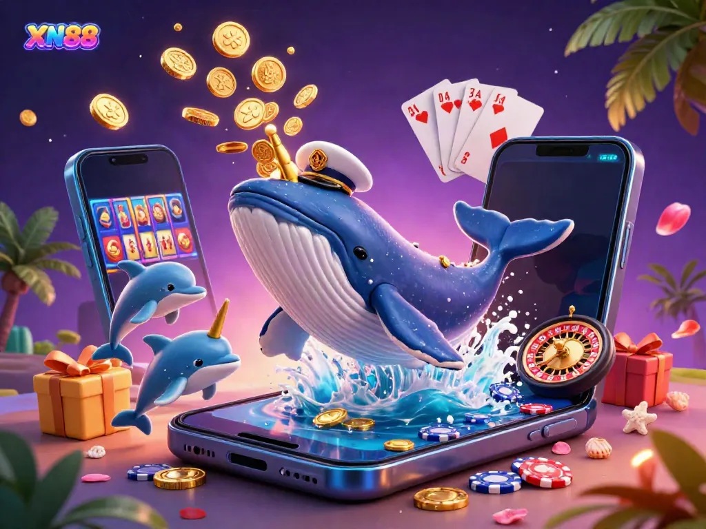 Experience the excitement at XN88 with a scene showcasing a playful whale, a narwhal, and dolphins surrounded by colorful slot games and poker elements.